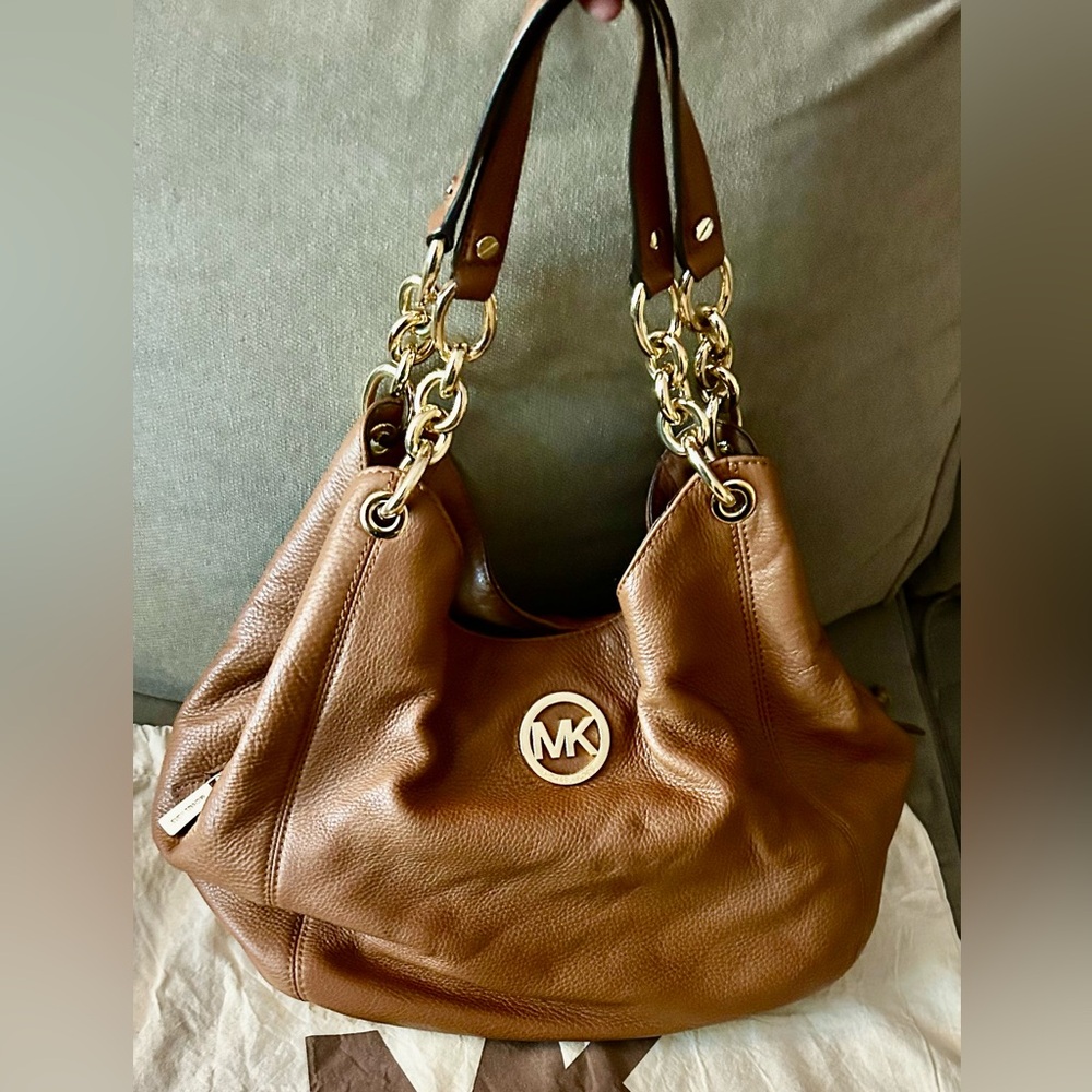 Authentic Michael Kors Large Brown Shoulder Bag with Gold Chain
